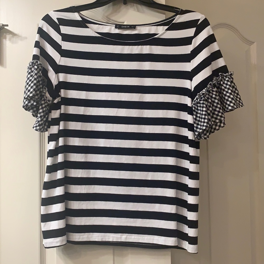 Shein stripe top with gingham ruffle sleeves